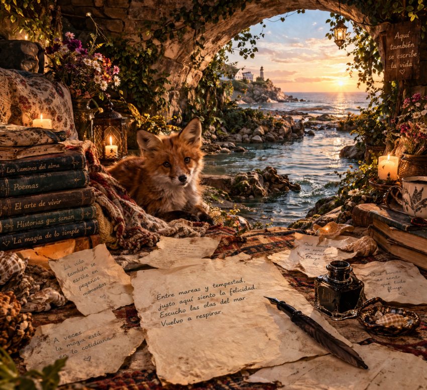 Rincón mágico de escritura frente al mar.